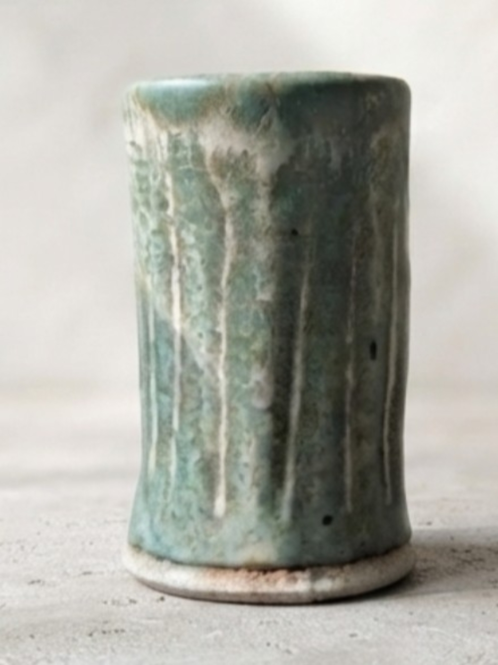 Handmade Studio Pottery Ceramic Tumbler Cup Mug Green Drip Glaze Wabi-Sabi